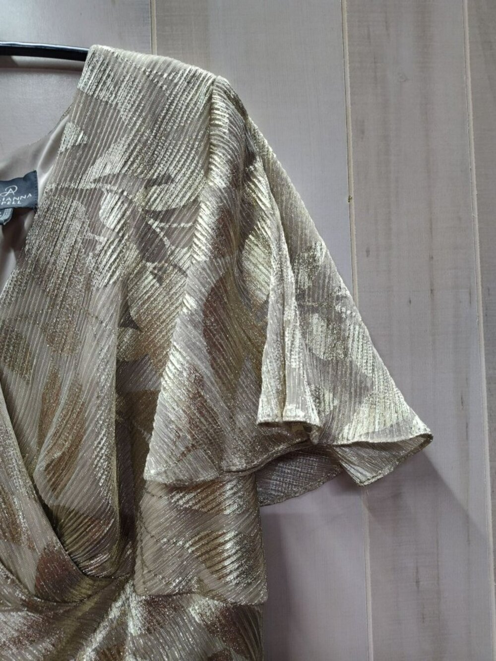 Adrianna Papell Champagne Gold Foil Leaf V-Neck Surplice Draped Gown, Size 20W - Picture 6 of 14